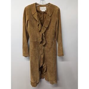 Margaret Godfrey Women's Long Suede Leather Jacket Brown Ruffle Size 4